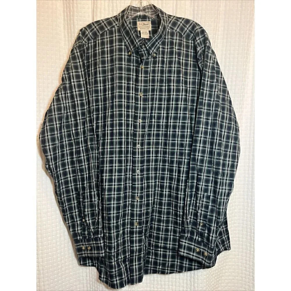 L.L. Bean Shirt Mens XLT XL Tall Navy Green Plaid Button Down Long Sleeve U10